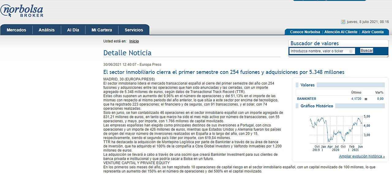 El sector inmobiliario cierra el primer semestre con 254 fusiones y adquisiciones por 5.348 millones